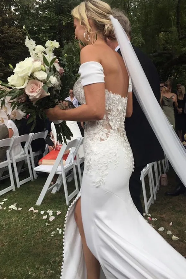 Roycebridal Off The Shoulder Mermaid Sweetheart Chiffon Wedding Dress with Split,MW436