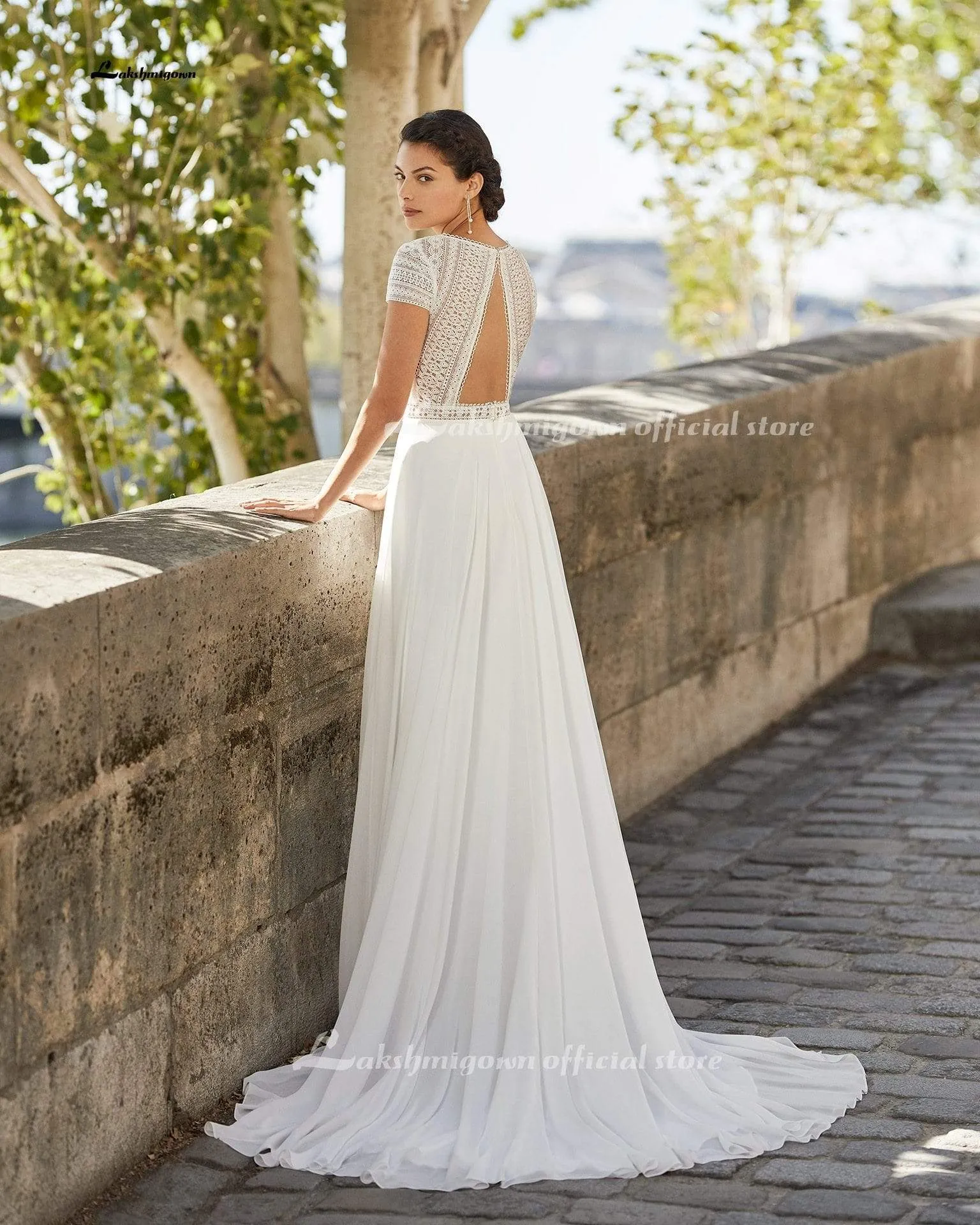 Roycebridal Simple Cap Short Sleeve Beach Wedding Dress Lace Bodice