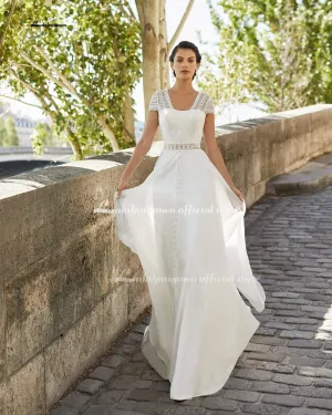 Roycebridal Simple Cap Short Sleeve Beach Wedding Dress Lace Bodice