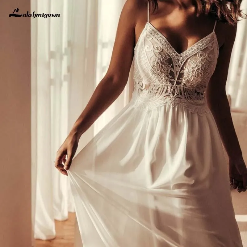 Roycebridal Simple V Neck Chiffon A Line Boho Beach Wedding Dresses