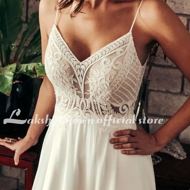 Roycebridal Simple V Neck Chiffon A Line Boho Beach Wedding Dresses