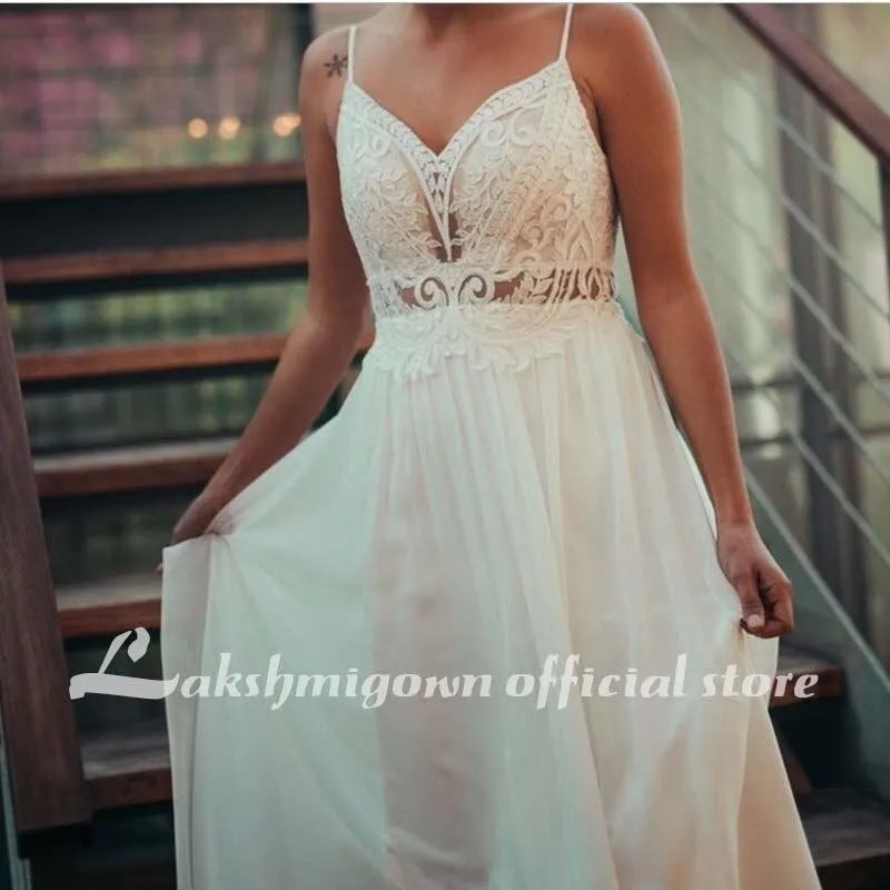 Roycebridal Simple V Neck Chiffon A Line Boho Beach Wedding Dresses