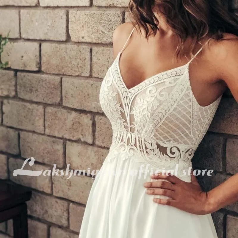 Roycebridal Simple V Neck Chiffon A Line Boho Beach Wedding Dresses