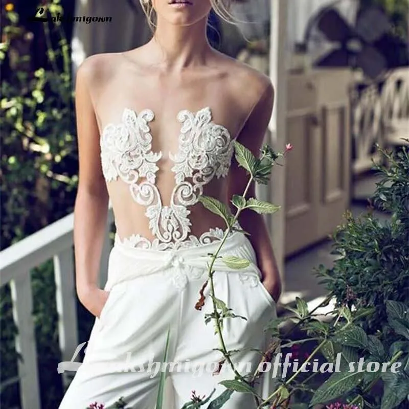 Roycebridal Wedding Dresses Jumpsuit with Removable Skirt Lace Appliques