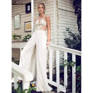 Roycebridal Wedding Dresses Jumpsuit with Removable Skirt Lace Appliques