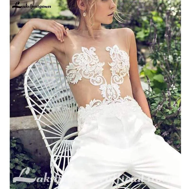Roycebridal Wedding Dresses Jumpsuit with Removable Skirt Lace Appliques