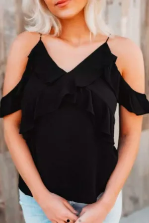 Ruffled Cold Shoulder  Spaghetti Strap Blouse Black