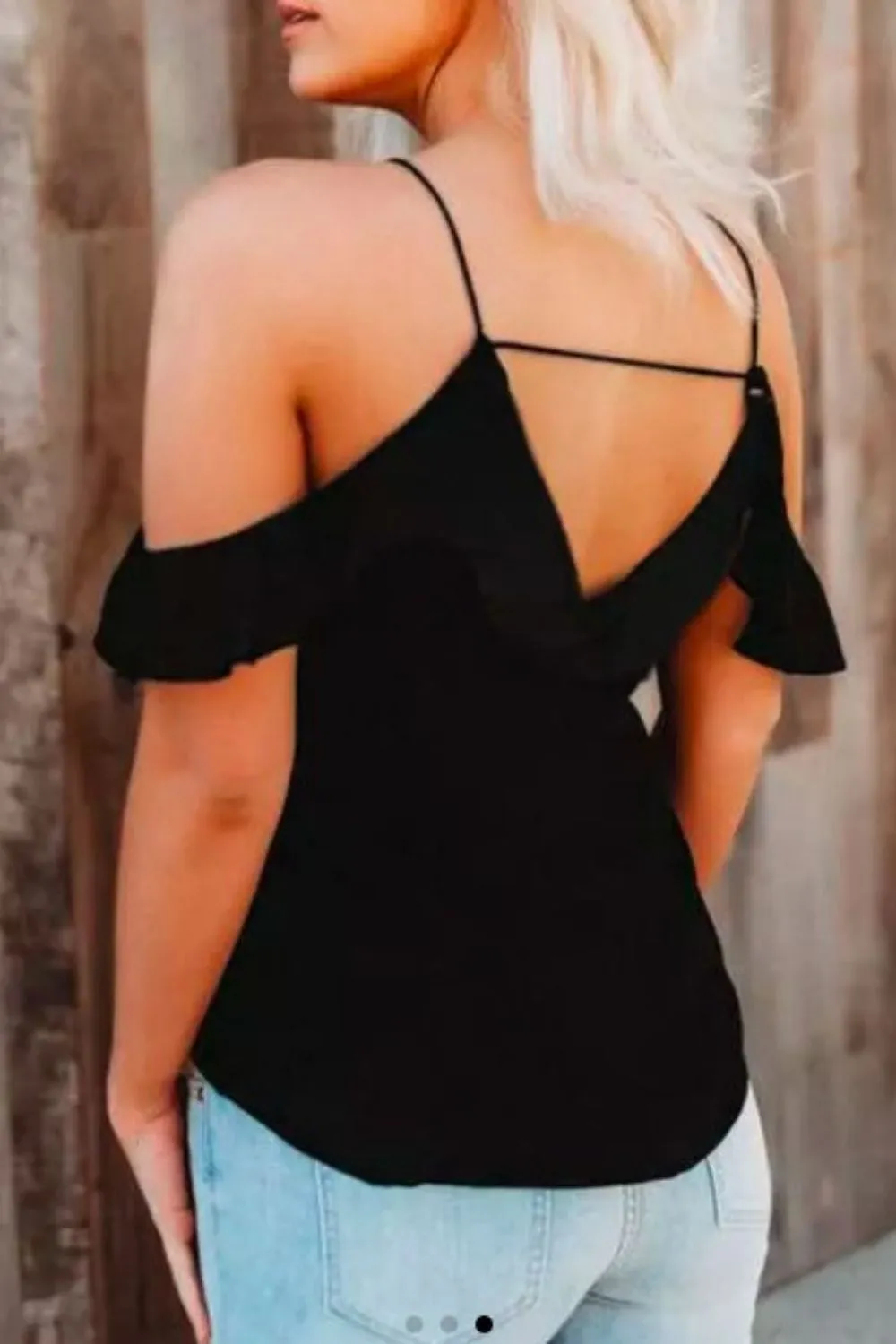 Ruffled Cold Shoulder  Spaghetti Strap Blouse Black