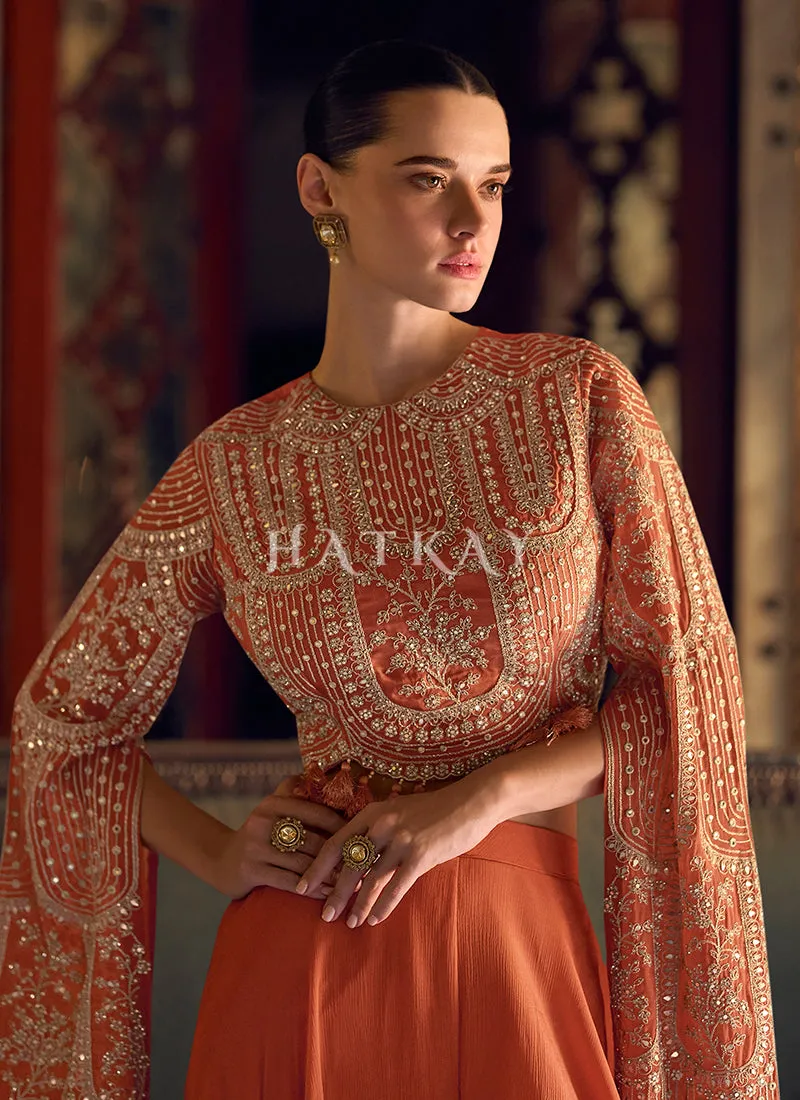 Rust Orange Embroidery Designer Palazzo Set