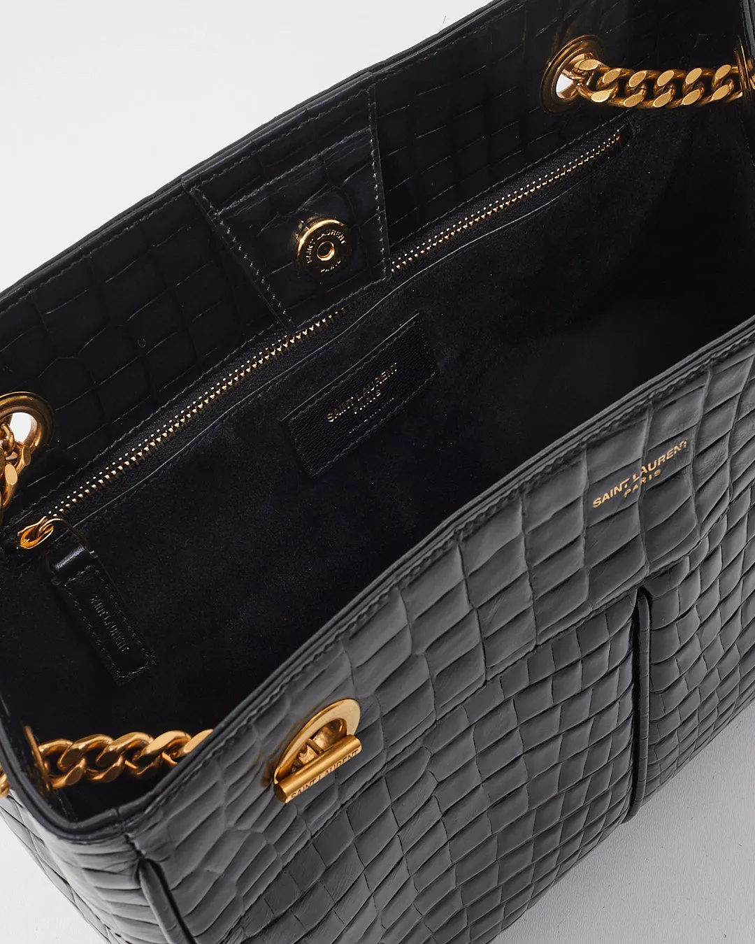 Saint Laurent Black Croc Leather Claude Tote