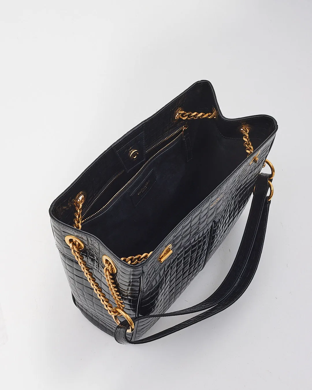 Saint Laurent Black Croc Leather Claude Tote