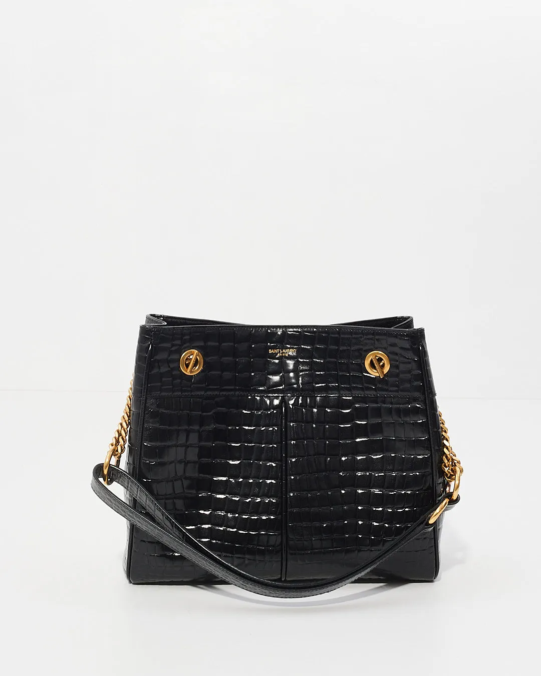 Saint Laurent Black Croc Leather Claude Tote