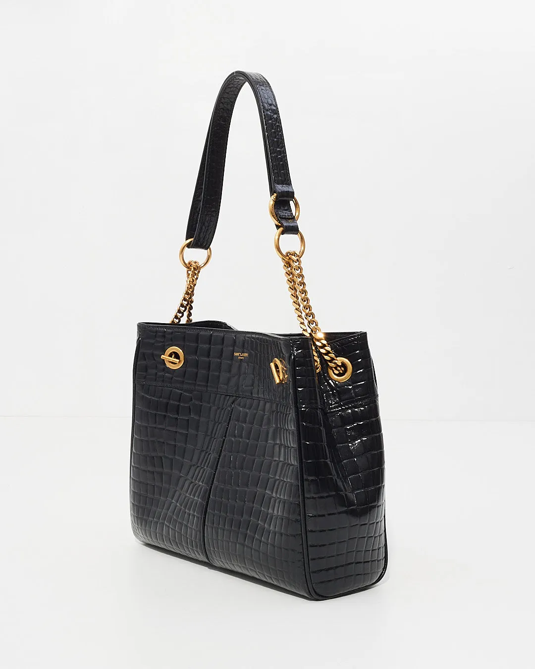 Saint Laurent Black Croc Leather Claude Tote