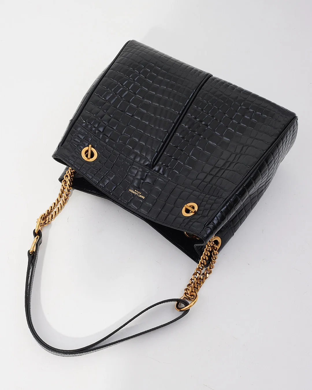 Saint Laurent Black Croc Leather Claude Tote
