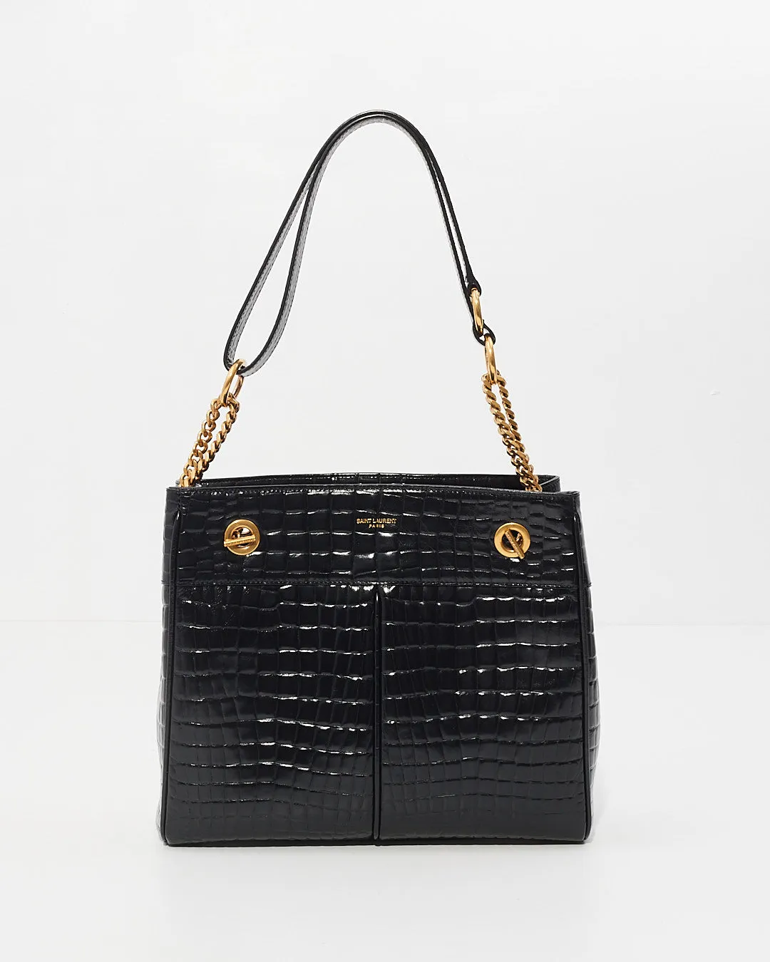 Saint Laurent Black Croc Leather Claude Tote