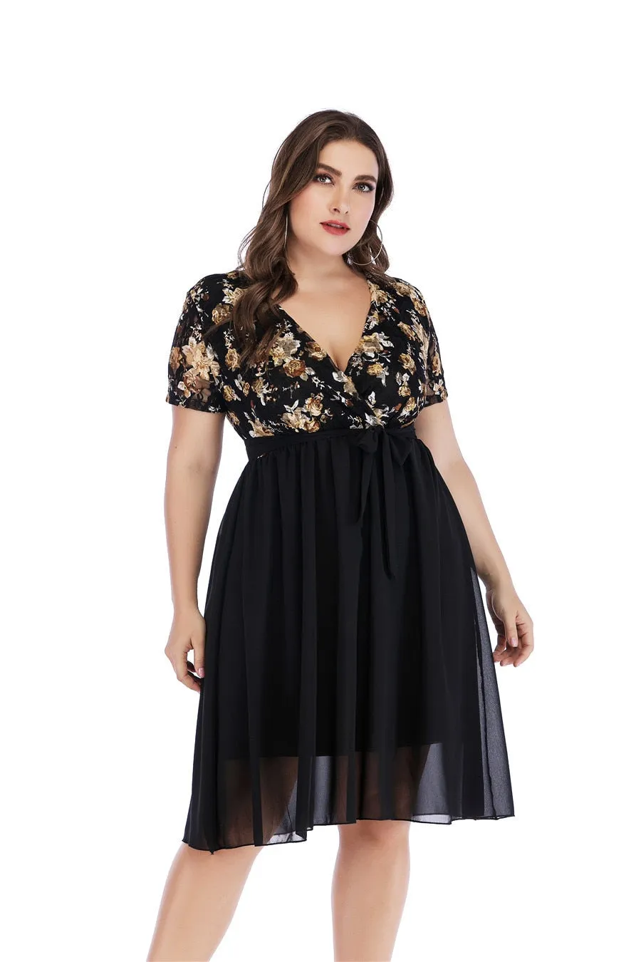 Sexy V-neck Lace Print  Chiffon Dress Summer New Women Short Sleeve Plus Size Green Dresses