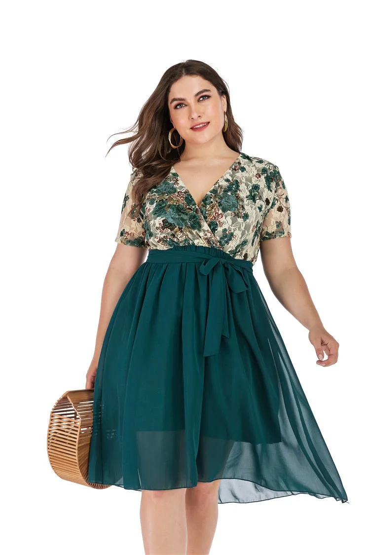 Sexy V-neck Lace Print  Chiffon Dress Summer New Women Short Sleeve Plus Size Green Dresses