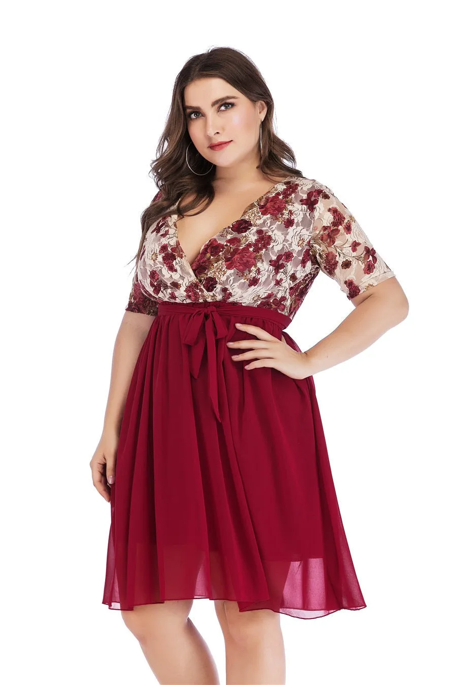 Sexy V-neck Lace Print  Chiffon Dress Summer New Women Short Sleeve Plus Size Green Dresses