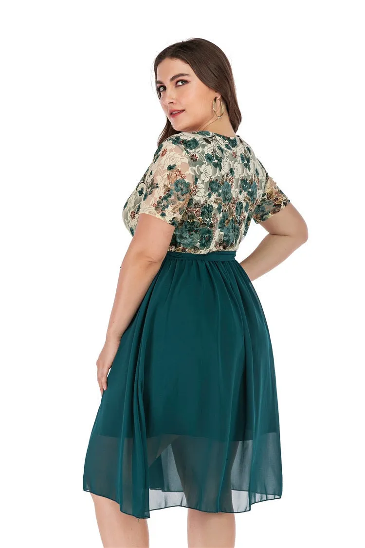 Sexy V-neck Lace Print  Chiffon Dress Summer New Women Short Sleeve Plus Size Green Dresses