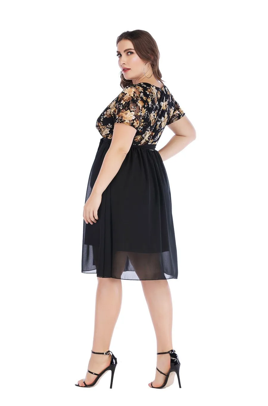 Sexy V-neck Lace Print  Chiffon Dress Summer New Women Short Sleeve Plus Size Green Dresses