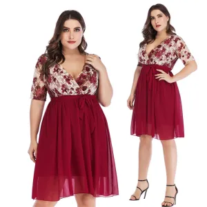 Sexy V-neck Lace Print  Chiffon Dress Summer New Women Short Sleeve Plus Size Green Dresses