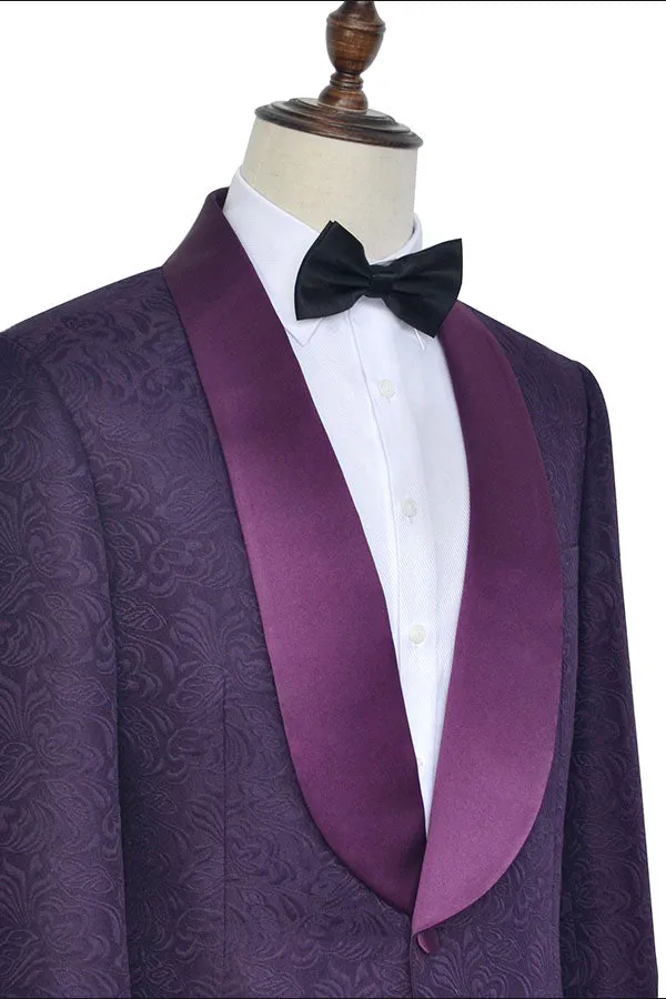 Sharp-looking Dark Purple One Button Wedding Tuxedos Silk Shawl Lapel Jacquard Marriage Suits