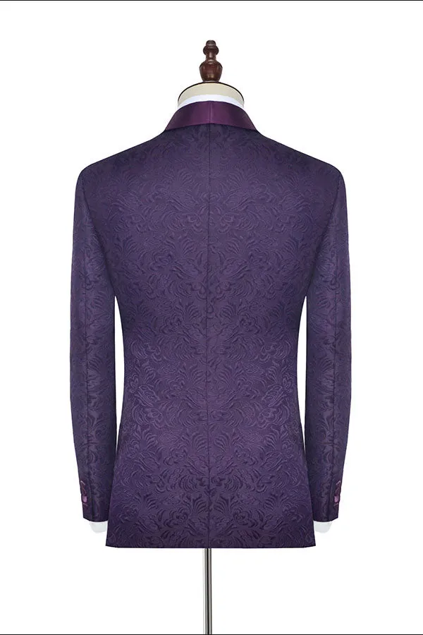 Sharp-looking Dark Purple One Button Wedding Tuxedos Silk Shawl Lapel Jacquard Marriage Suits