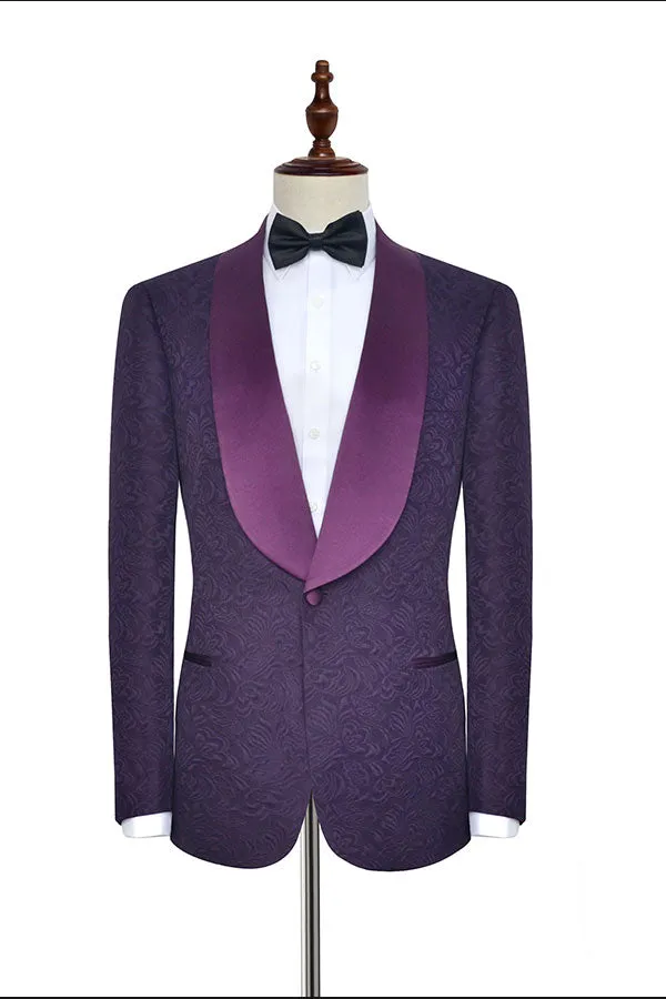 Sharp-looking Dark Purple One Button Wedding Tuxedos Silk Shawl Lapel Jacquard Marriage Suits
