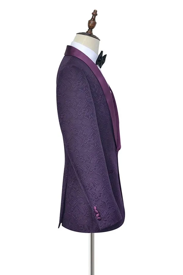 Sharp-looking Dark Purple One Button Wedding Tuxedos Silk Shawl Lapel Jacquard Marriage Suits