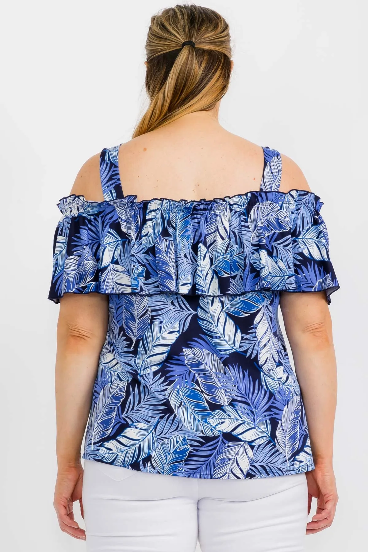 SHORT SLEEVE RUFFLE COLD SHOULDER TOP