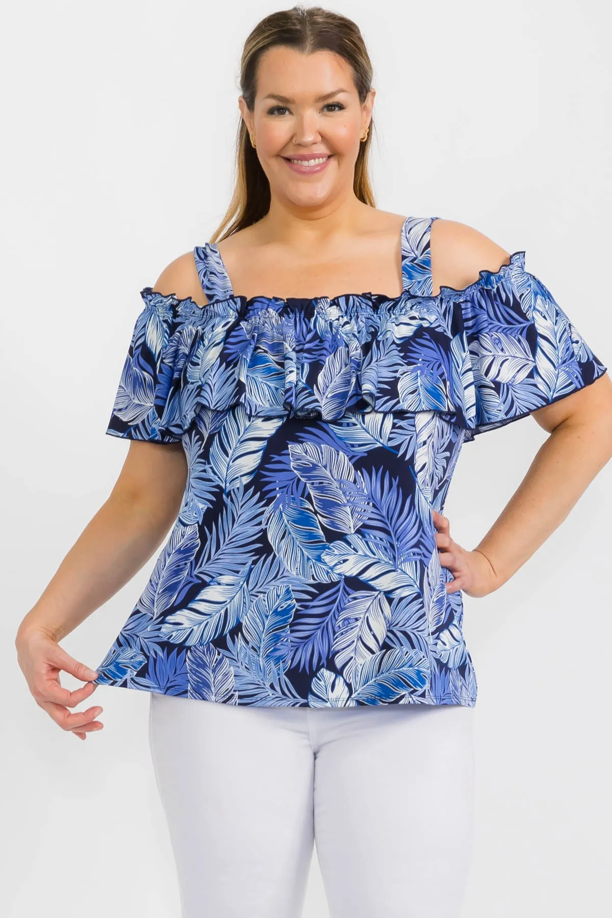 SHORT SLEEVE RUFFLE COLD SHOULDER TOP