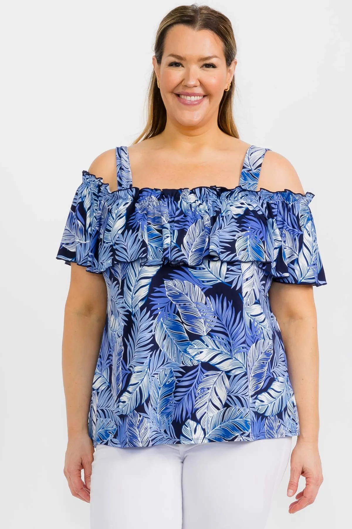 SHORT SLEEVE RUFFLE COLD SHOULDER TOP