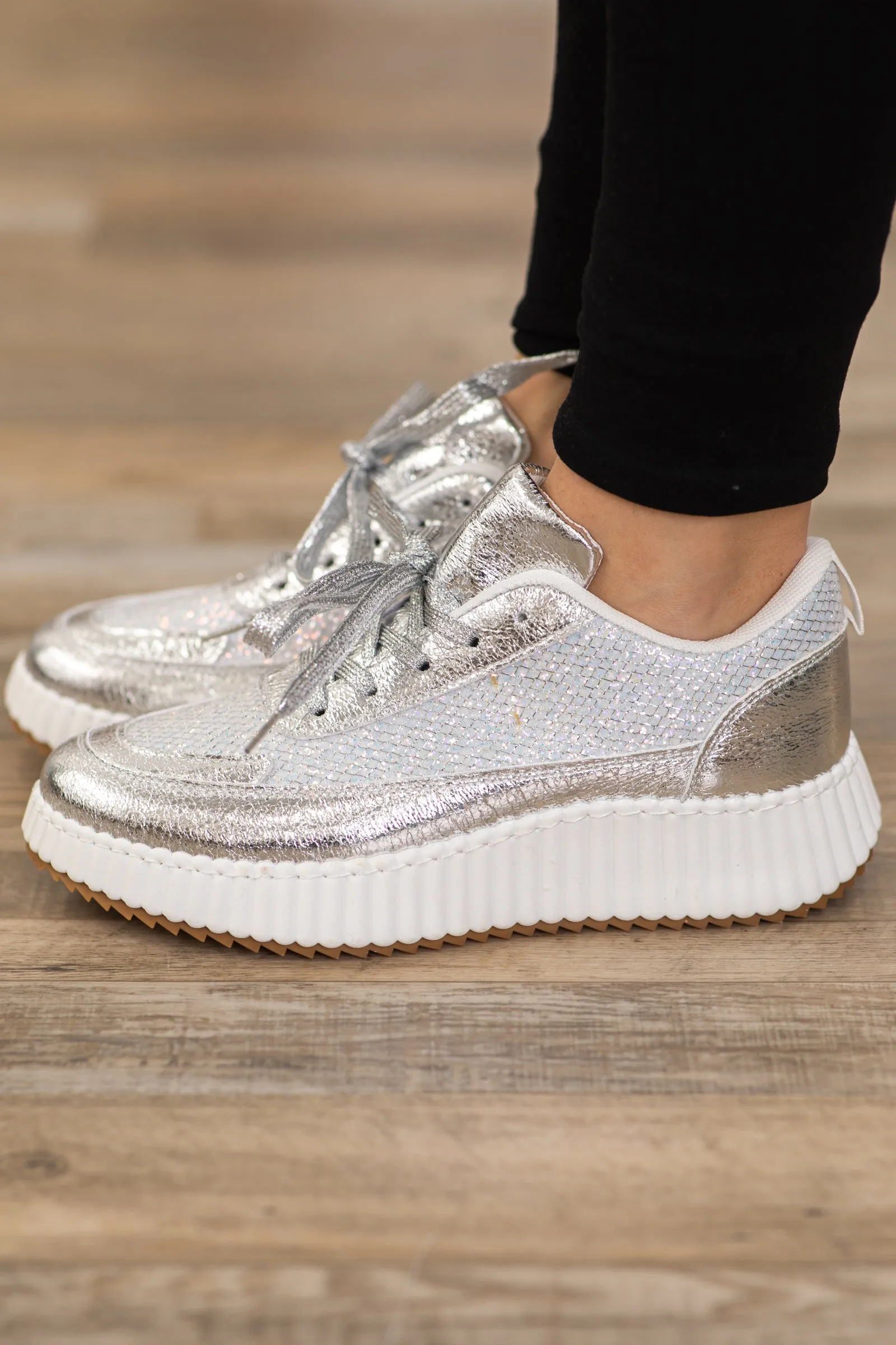 Silver and White Platform Sneakers