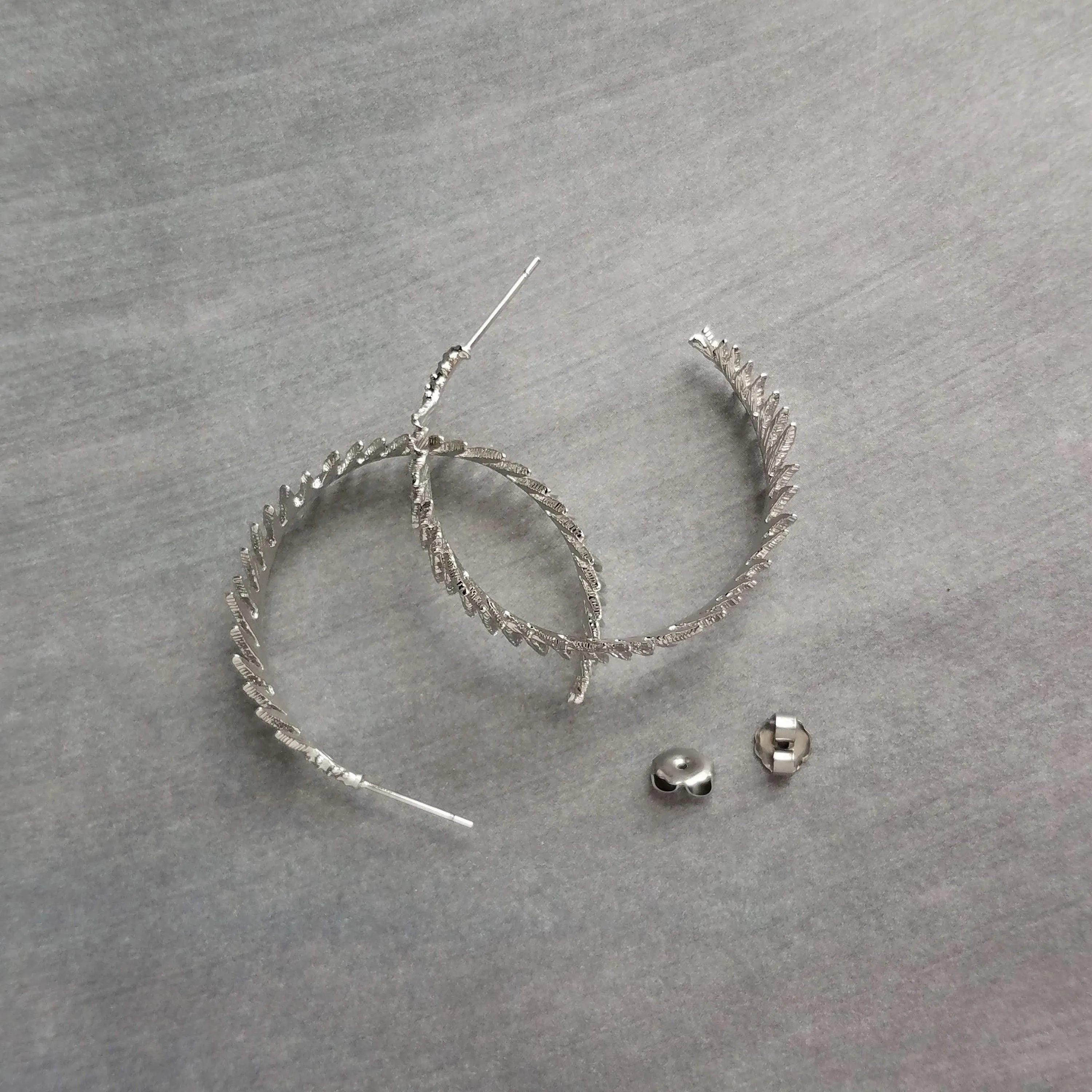 Silver Fern Earrings, branch hoop earring, fern hoop earrings, 1 inch hoop, tiny leaves hoop, rhodium leafy hoop, wispy plant earring