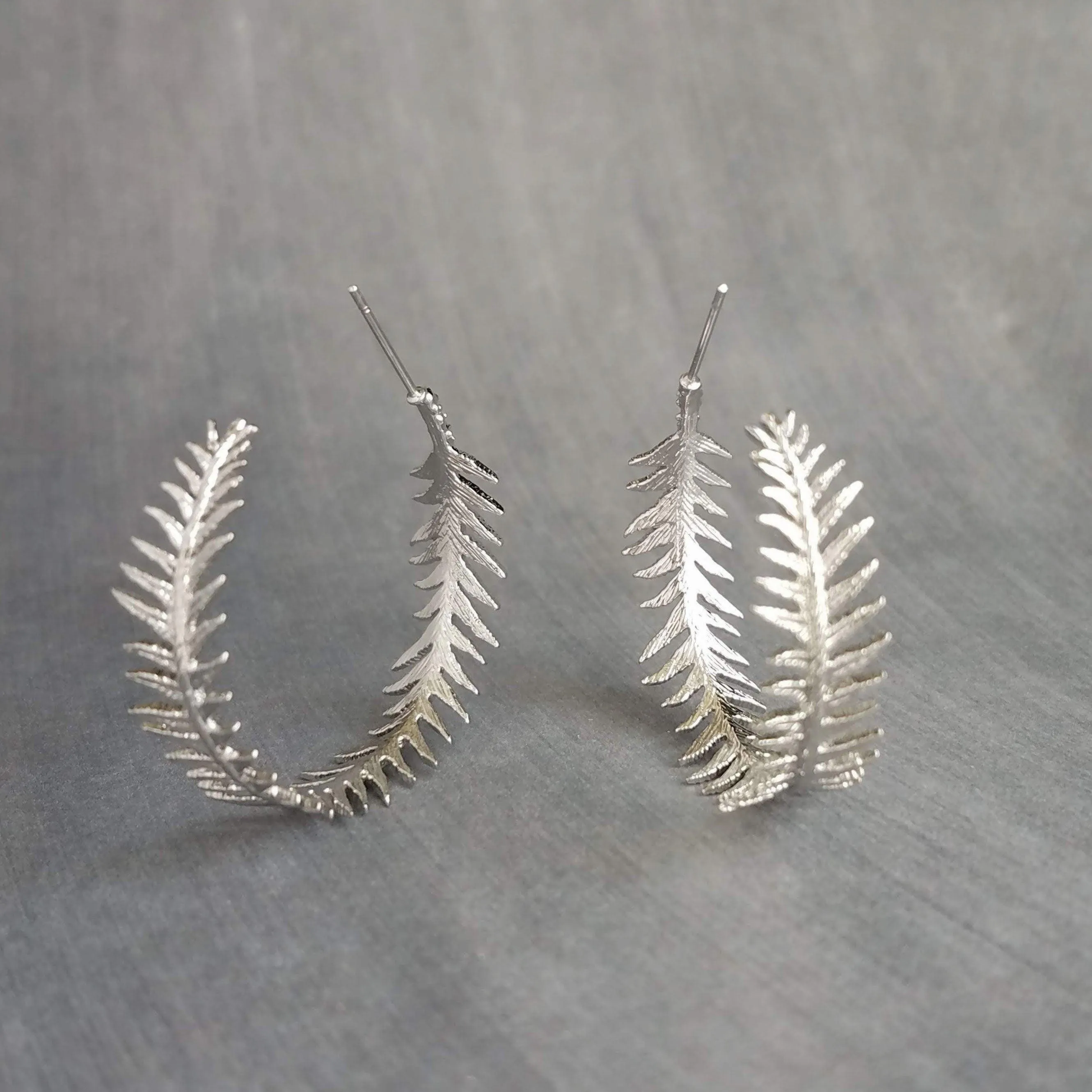 Silver Fern Earrings, branch hoop earring, fern hoop earrings, 1 inch hoop, tiny leaves hoop, rhodium leafy hoop, wispy plant earring