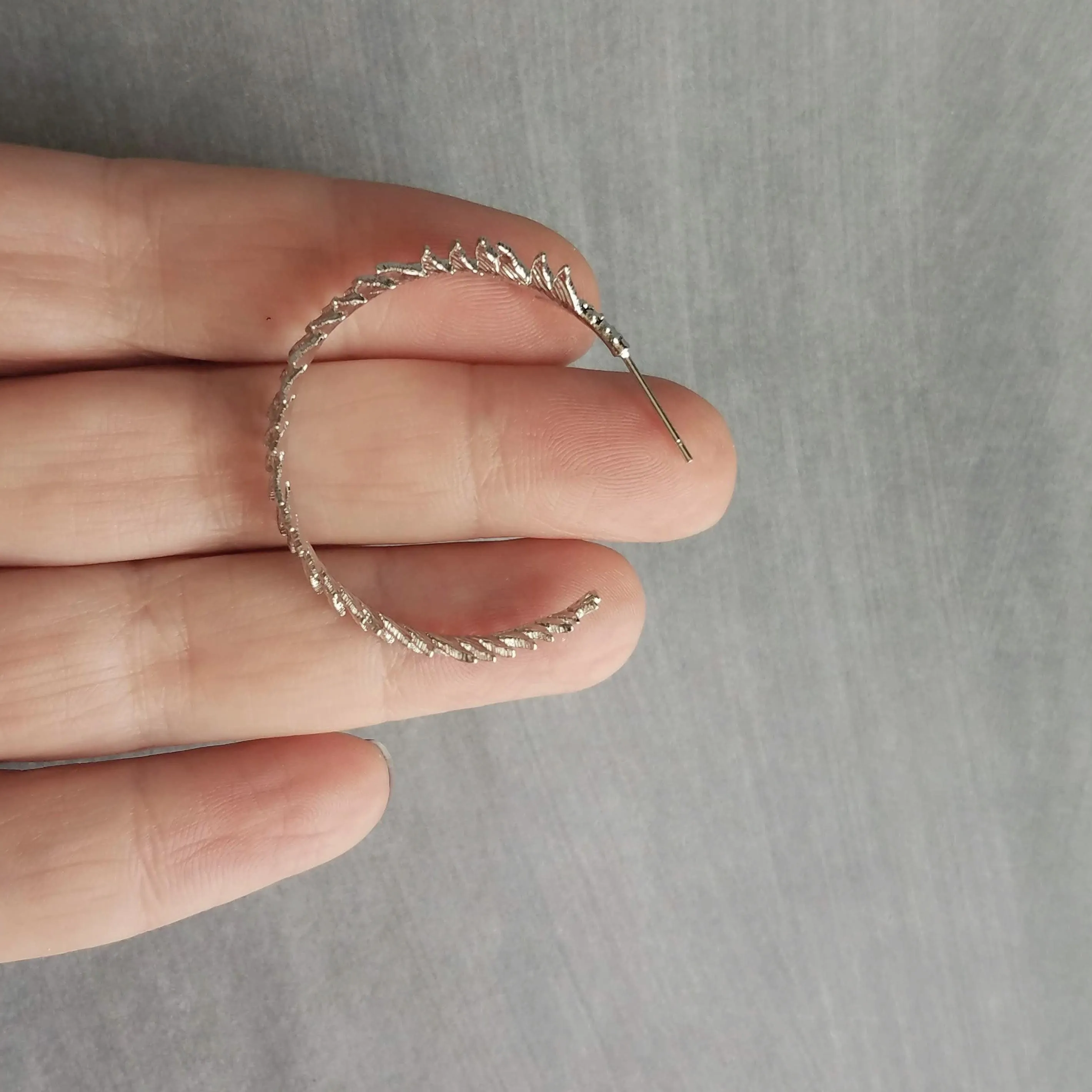 Silver Fern Earrings, branch hoop earring, fern hoop earrings, 1 inch hoop, tiny leaves hoop, rhodium leafy hoop, wispy plant earring