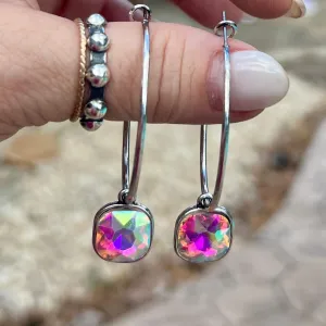 Silver Hoop Earrings with Iridescent Stones