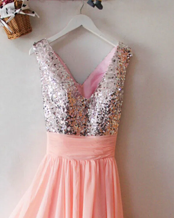 Silver Sequins Pink Chiffon Bridesmaid Dresses Ruffles V-Neck Floor Length
