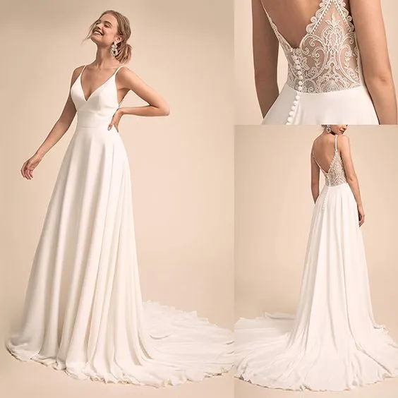 Simple & Charming V-neck Neckline  Wedding Dress With Lace Back Bridal Dress