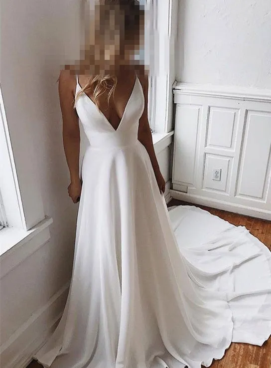 Simple & Charming V-neck Neckline  Wedding Dress With Lace Back Bridal Dress