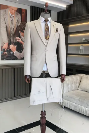 Simple Beige Three Pieces One Button Prom Suits Best Men Tuxedos Blazer Pants Business Suits