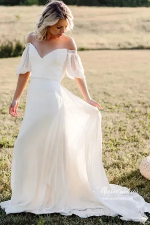 Simple Chiffon A-line Off Shoulder Beach Wedding Dresses With Train, MW1058