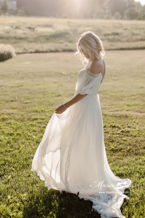 Simple Chiffon A-line Off Shoulder Beach Wedding Dresses With Train, MW1058