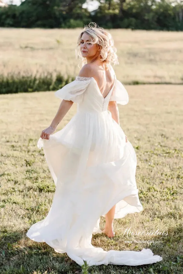 Simple Chiffon A-line Off Shoulder Beach Wedding Dresses With Train, MW1058
