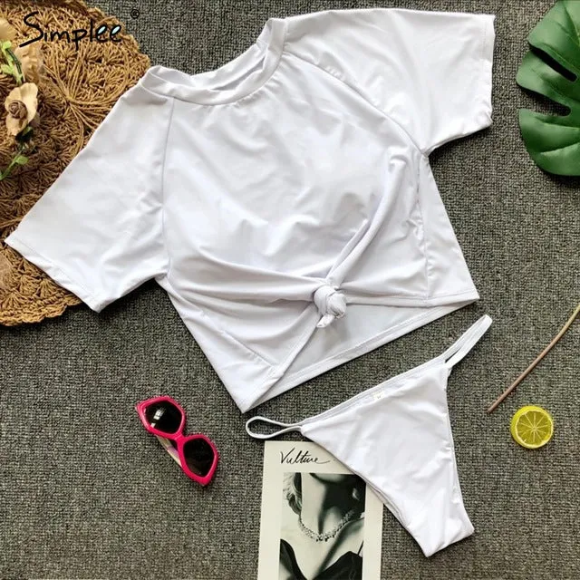 Simplee Sexy leopard sports swimmer women Casual t-shirt bikini set high cut thong Two piece beach wear suits push up playsuit