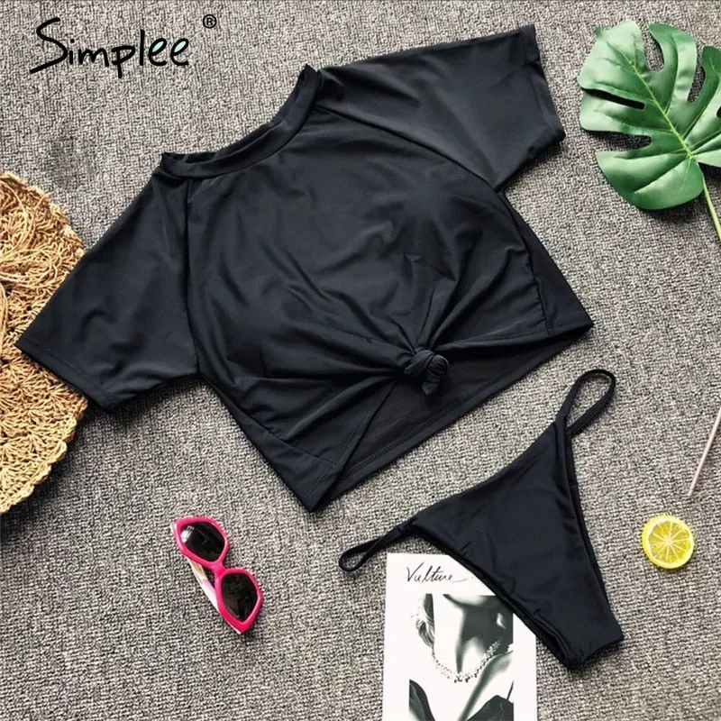 Simplee Sexy leopard sports swimmer women Casual t-shirt bikini set high cut thong Two piece beach wear suits push up playsuit