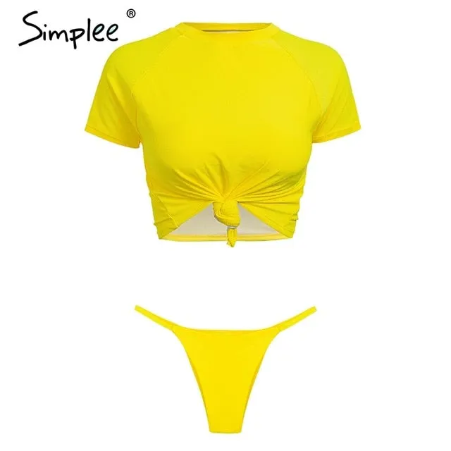Simplee Sexy leopard sports swimmer women Casual t-shirt bikini set high cut thong Two piece beach wear suits push up playsuit