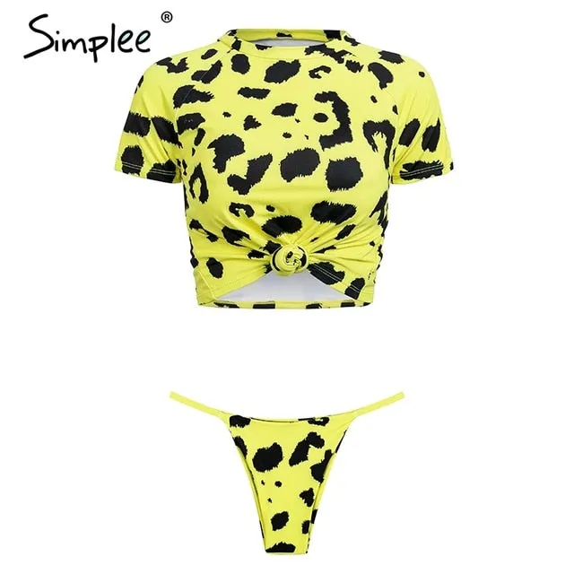 Simplee Sexy leopard sports swimmer women Casual t-shirt bikini set high cut thong Two piece beach wear suits push up playsuit