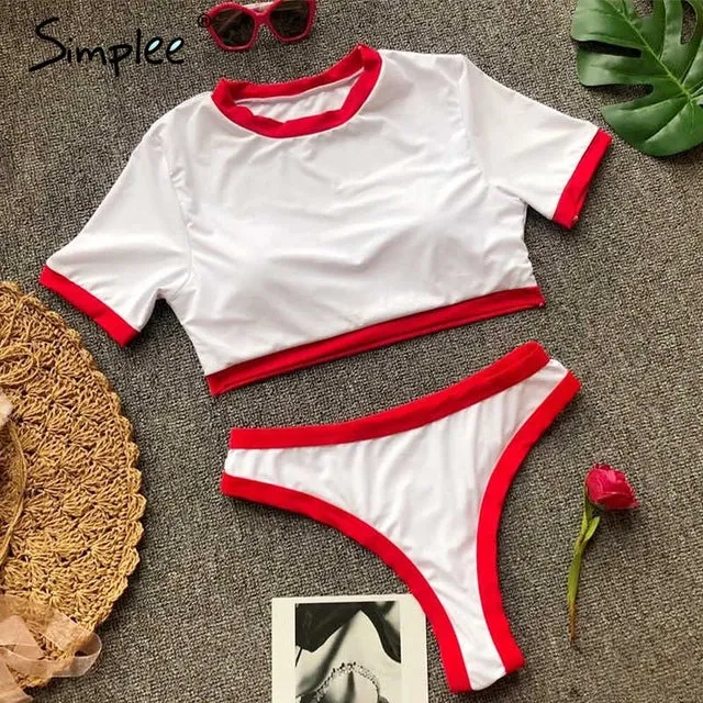 Simplee Sexy leopard sports swimmer women Casual t-shirt bikini set high cut thong Two piece beach wear suits push up playsuit