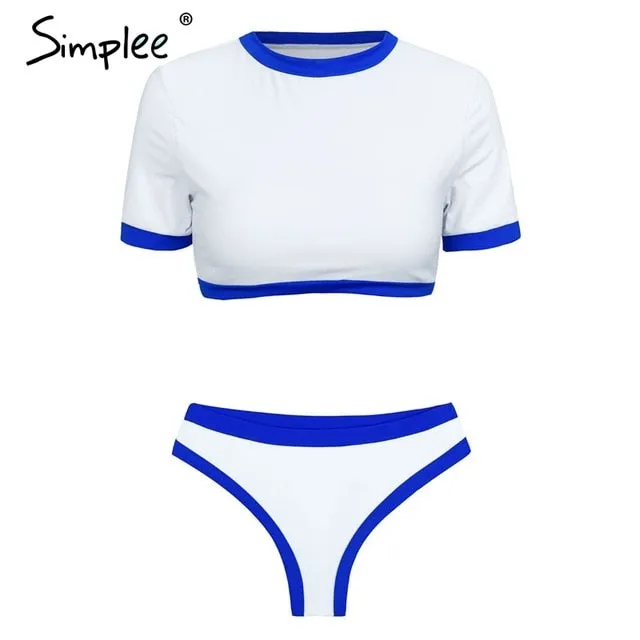 Simplee Sexy leopard sports swimmer women Casual t-shirt bikini set high cut thong Two piece beach wear suits push up playsuit